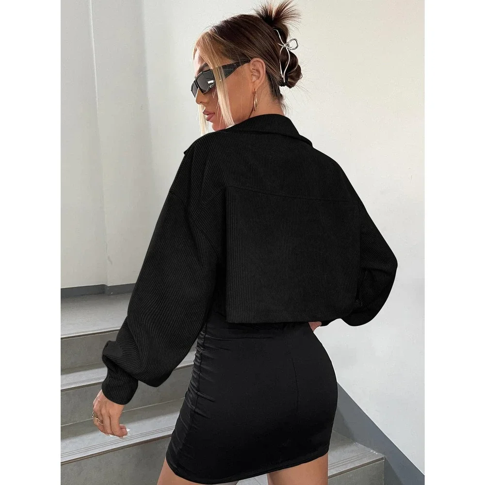 Minimalist Drop Shoulder Crop Corduroy Jacket shacket coat - Picture 6 of 11